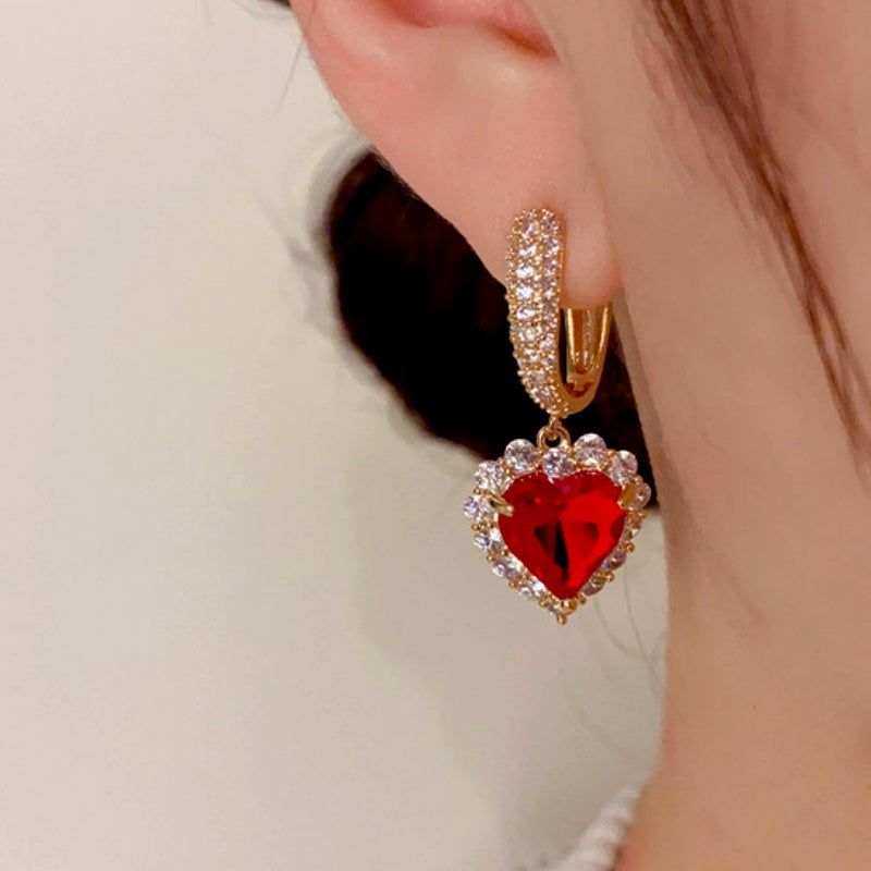 14K Gold-Plated Zircon Red Heart Earrings