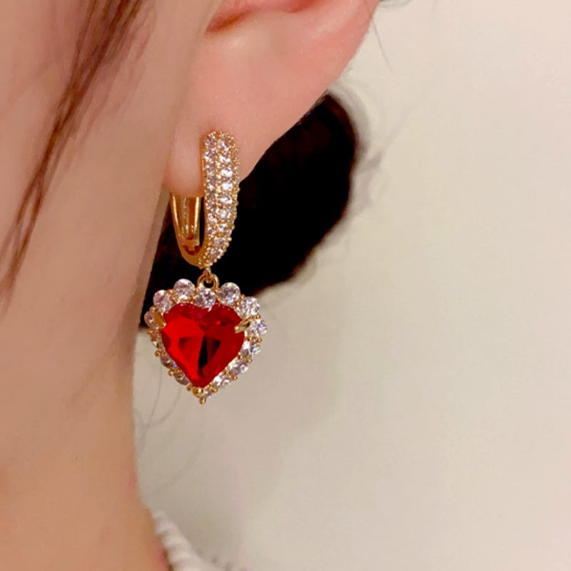 14K Gold-Plated Zircon Red Heart Earrings