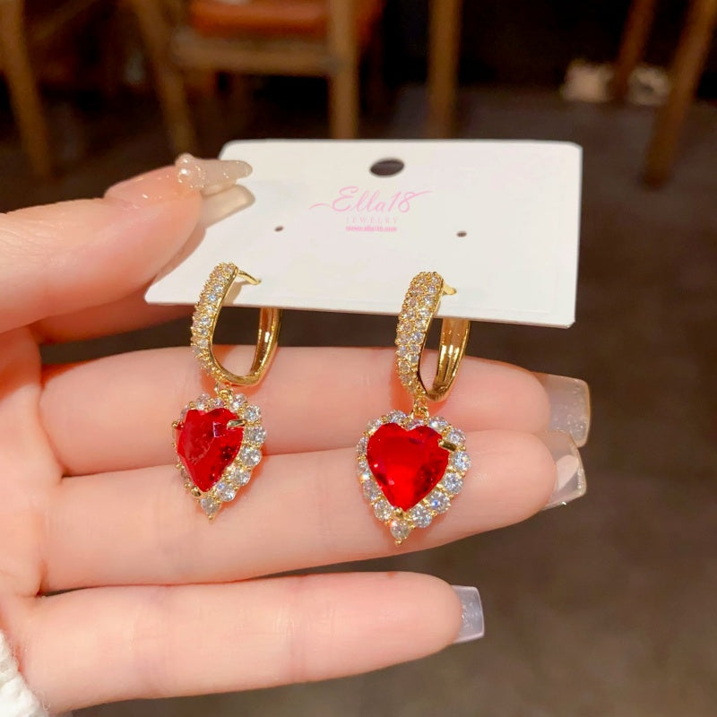 14K Gold-Plated Zircon Red Heart Earrings