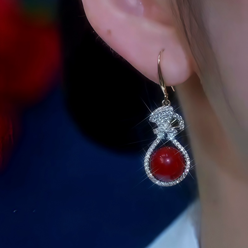 14K Gold-Plated Zircon Red Pearl Ear Hook Earrings