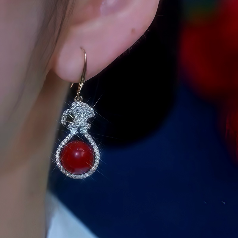 14K Gold-Plated Zircon Red Pearl Ear Hook Earrings