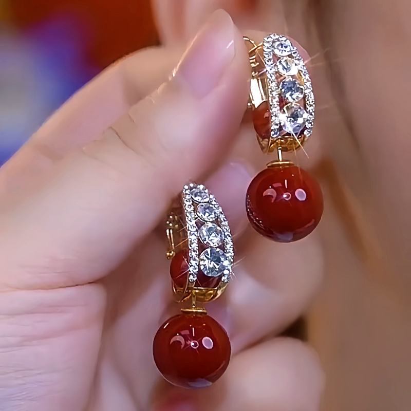 14K Gold-Plated Zircon Red Pearl Earrings