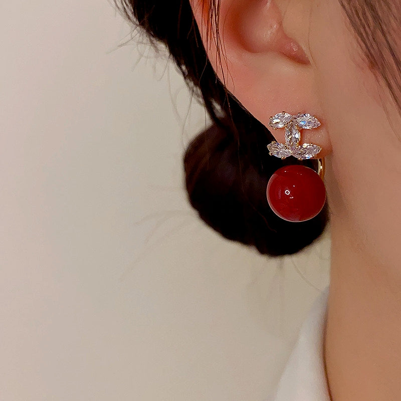 14K Gold-Plated Zircon Red Pearl Earrings