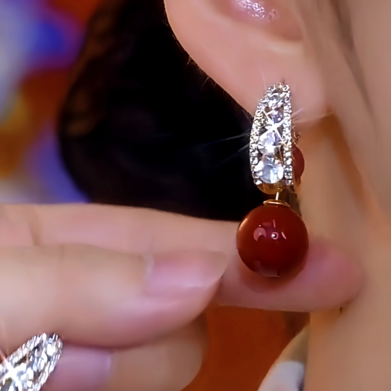 14K Gold-Plated Zircon Red Pearl Earrings