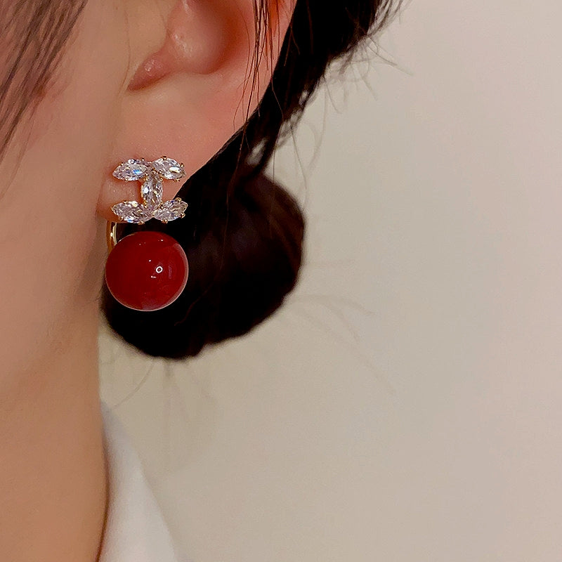 14K Gold-Plated Zircon Red Pearl Earrings