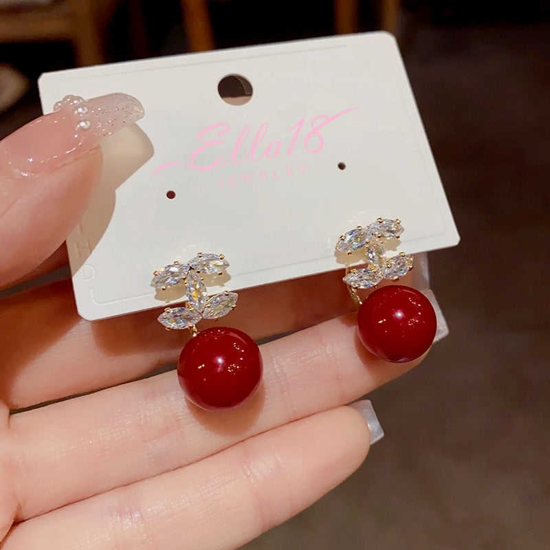 14K Gold-Plated Zircon Red Pearl Earrings