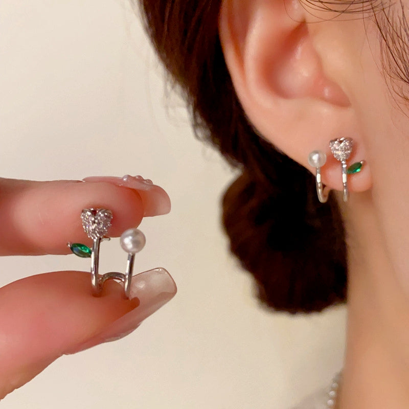 14K Gold-Plated Zircon Rose Pearl Earrings