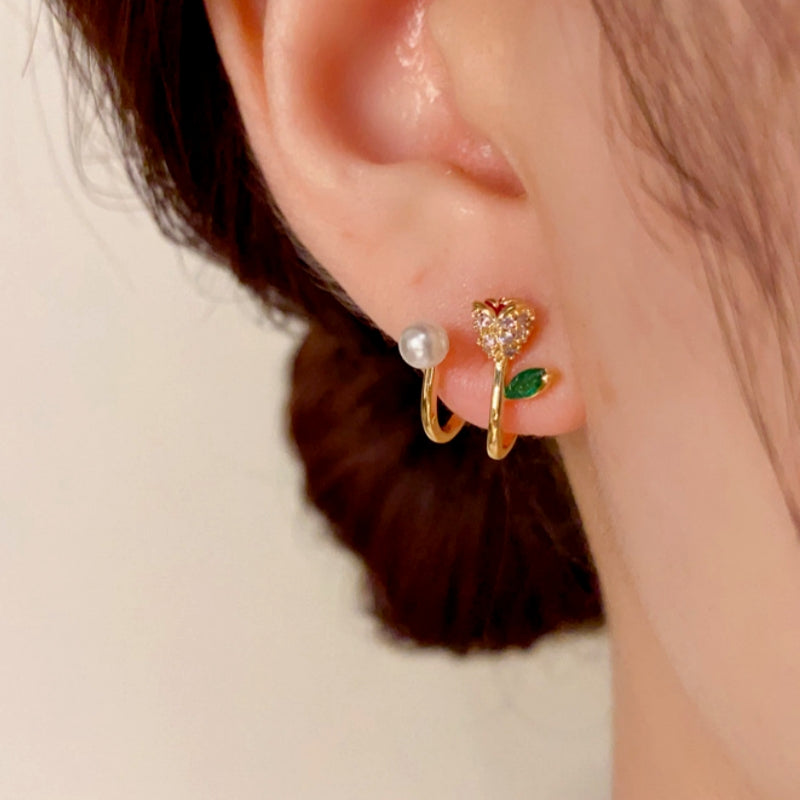 14K Gold-Plated Zircon Rose Pearl Earrings