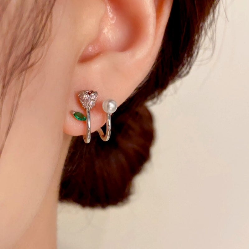14K Gold-Plated Zircon Rose Pearl Earrings