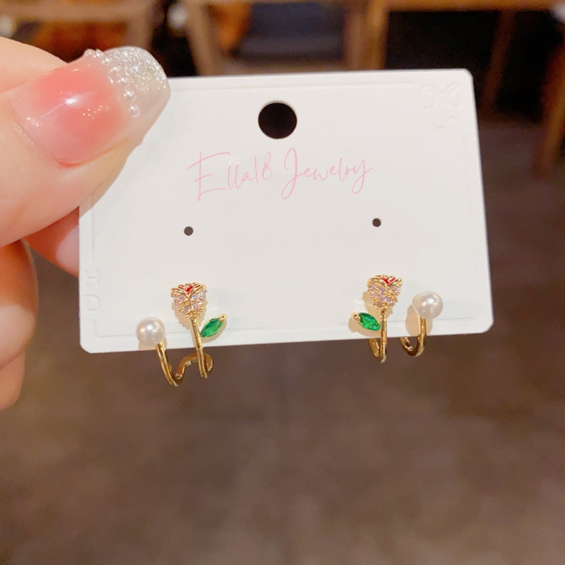 14K Gold-Plated Zircon Rose Pearl Earrings