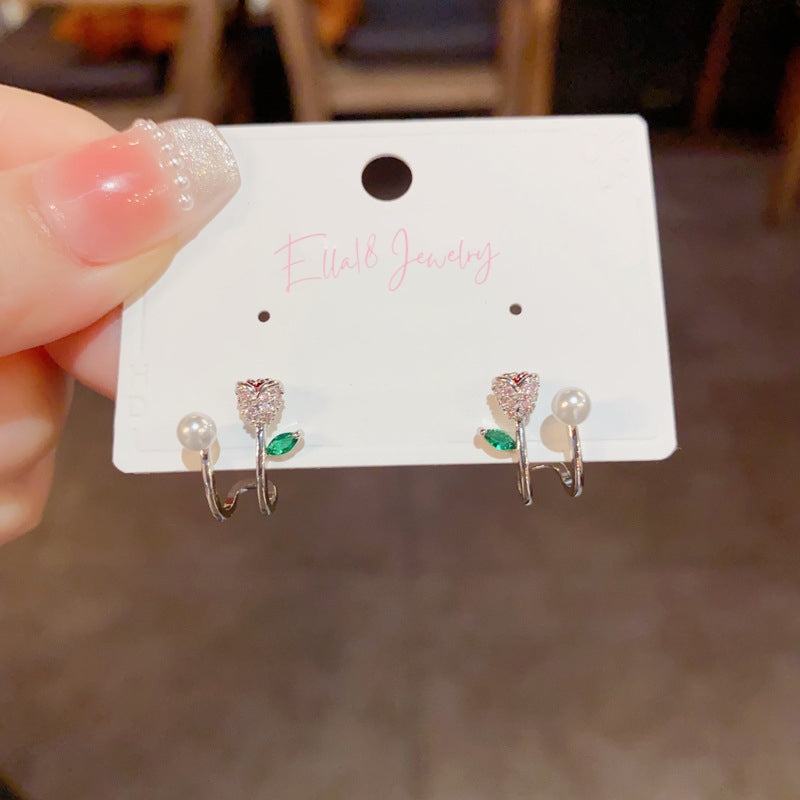 14K Gold-Plated Zircon Rose Pearl Earrings
