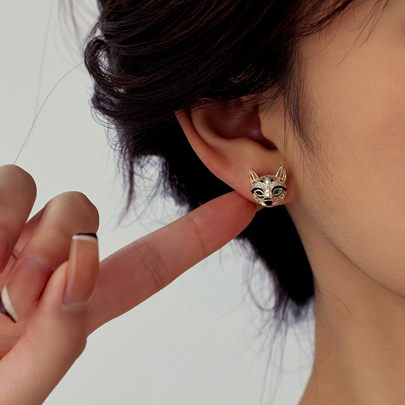 14K Gold-Plated Zircon Smart Fox Head Stud Earrings