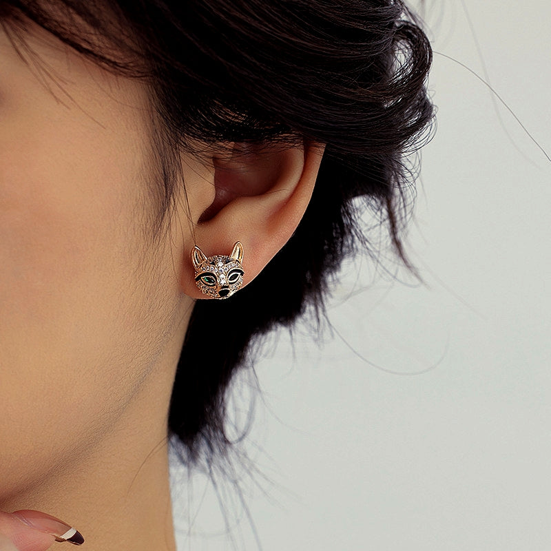 14K Gold-Plated Zircon Smart Fox Head Stud Earrings