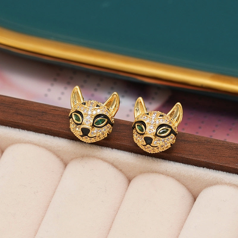 14K Gold-Plated Zircon Smart Fox Head Stud Earrings