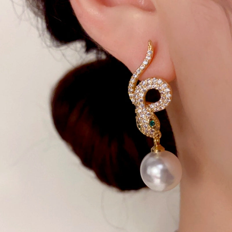 14K Gold-Plated Zircon Snake-Shaped Pearl Earrings