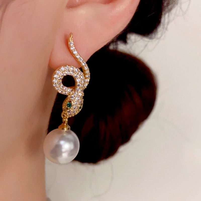 14K Gold-Plated Zircon Snake-Shaped Pearl Earrings