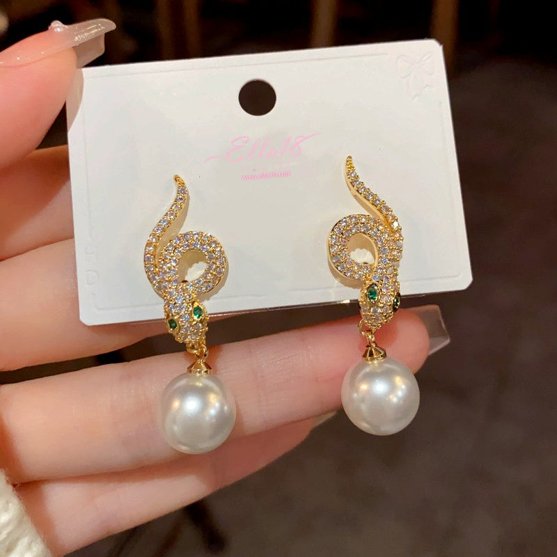 14K Gold-Plated Zircon Snake-Shaped Pearl Earrings