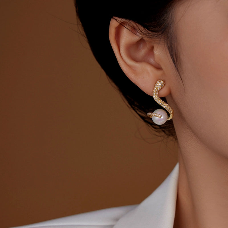 14K Gold-Plated Zircon Snake Pearl Earrings