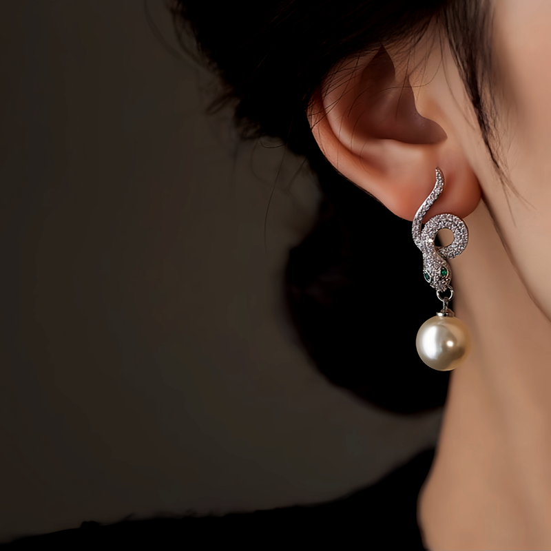 14K Gold-Plated Zircon Snake Pearl Earrings