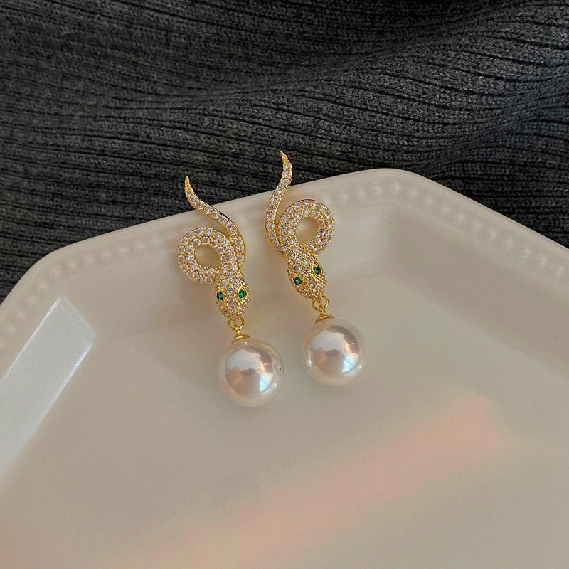 14K Gold-Plated Zircon Snake Pearl Earrings
