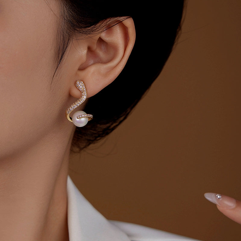 14K Gold-Plated Zircon Snake Pearl Earrings