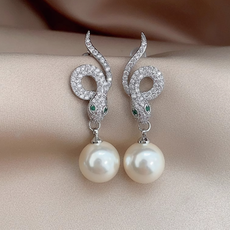 14K Gold-Plated Zircon Snake Pearl Earrings