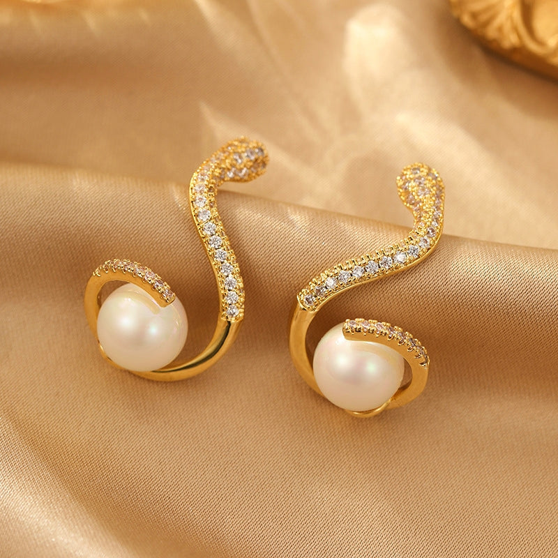 14K Gold-Plated Zircon Snake Pearl Earrings