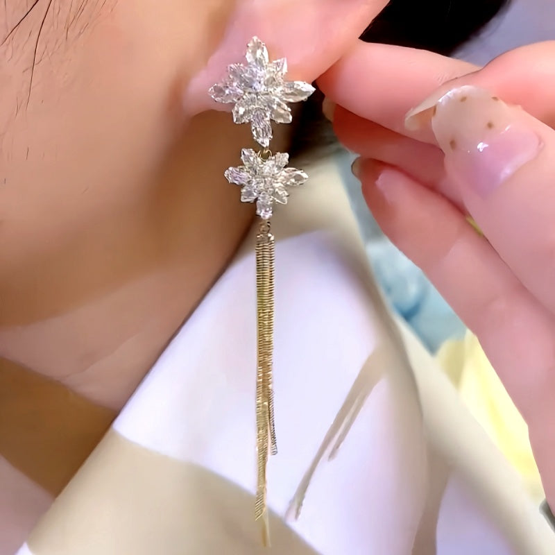 14K Gold-Plated Zircon Snowflake Long Tassel Earrings
