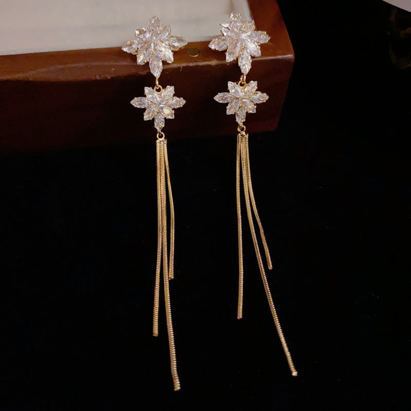 14K Gold-Plated Zircon Snowflake Long Tassel Earrings