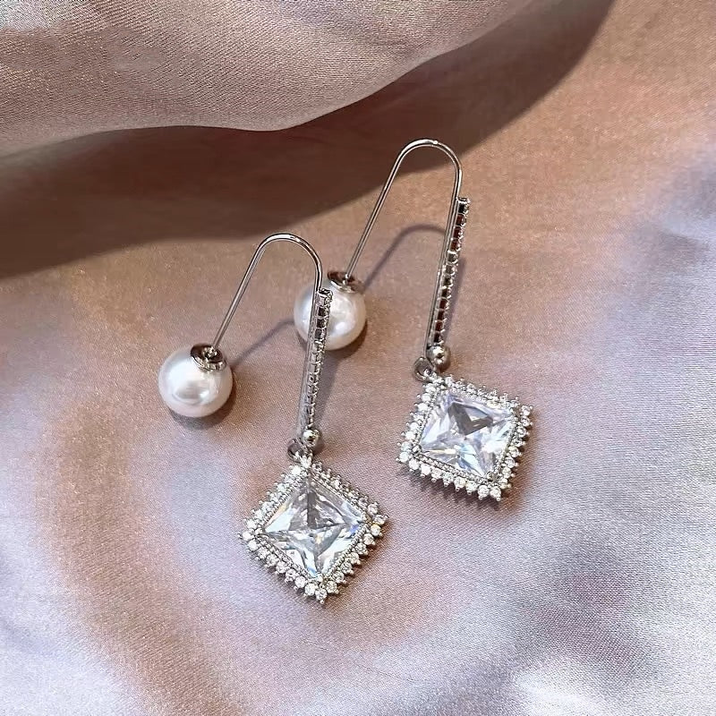 14K Gold-Plated Zircon Square Pearl Earrings
