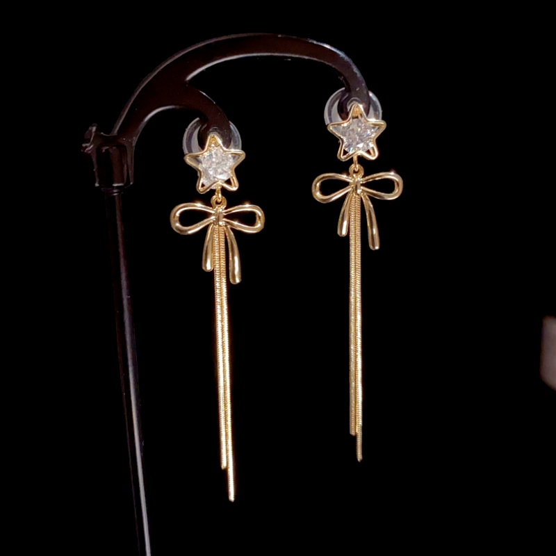 14K Gold-Plated Zircon Star Bow Tassel Earrings