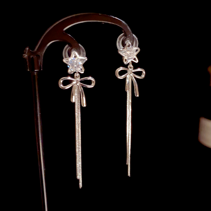 14K Gold-Plated Zircon Star Bow Tassel Earrings