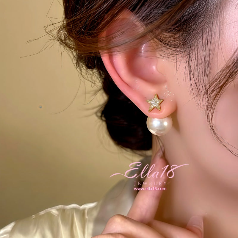 14K Gold-Plated Zircon Star Pearl Earrings