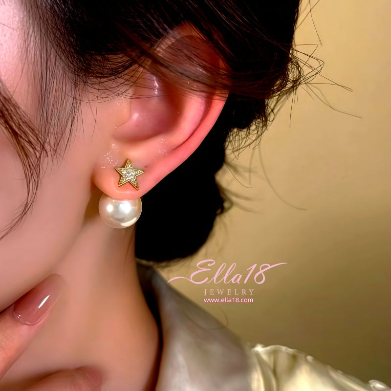 14K Gold-Plated Zircon Star Pearl Earrings