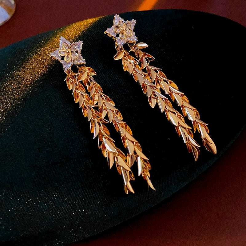 14K Gold-Plated Zircon Star Wheat Tassel Earrings
