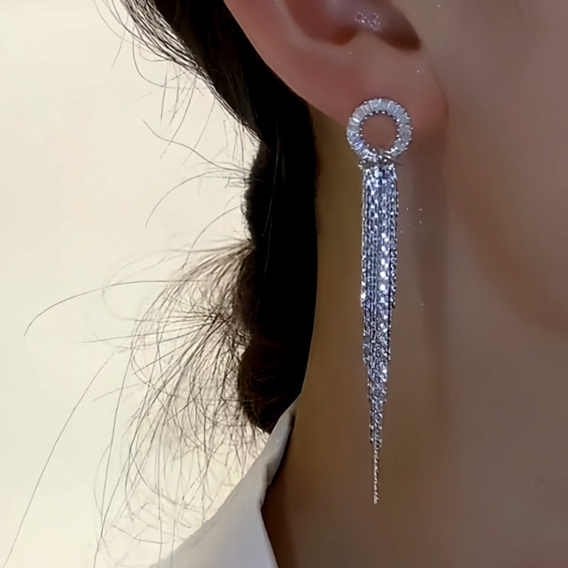 14K Gold-Plated Zircon Stone Hoop Tassel Earrings