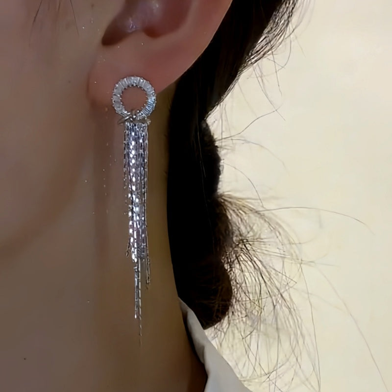 14K Gold-Plated Zircon Stone Hoop Tassel Earrings