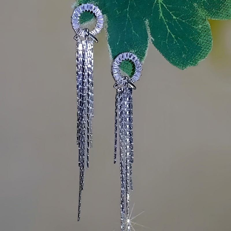 14K Gold-Plated Zircon Stone Hoop Tassel Earrings