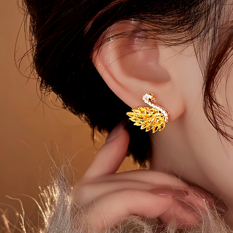 14K Gold-Plated Zircon Swan Stud Earrings