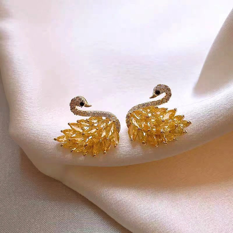 14K Gold-Plated Zircon Swan Stud Earrings