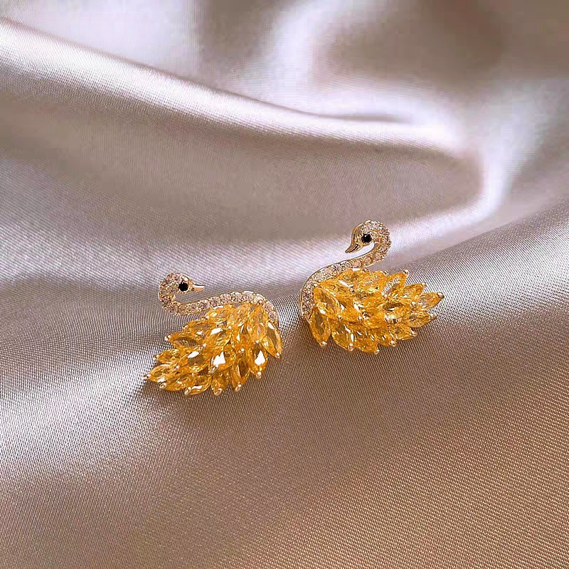 14K Gold-Plated Zircon Swan Stud Earrings