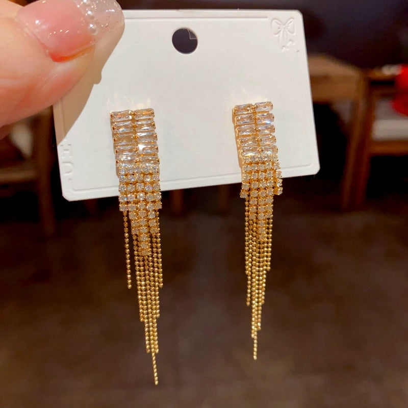 14K Gold-Plated Zircon Tassel Earrings