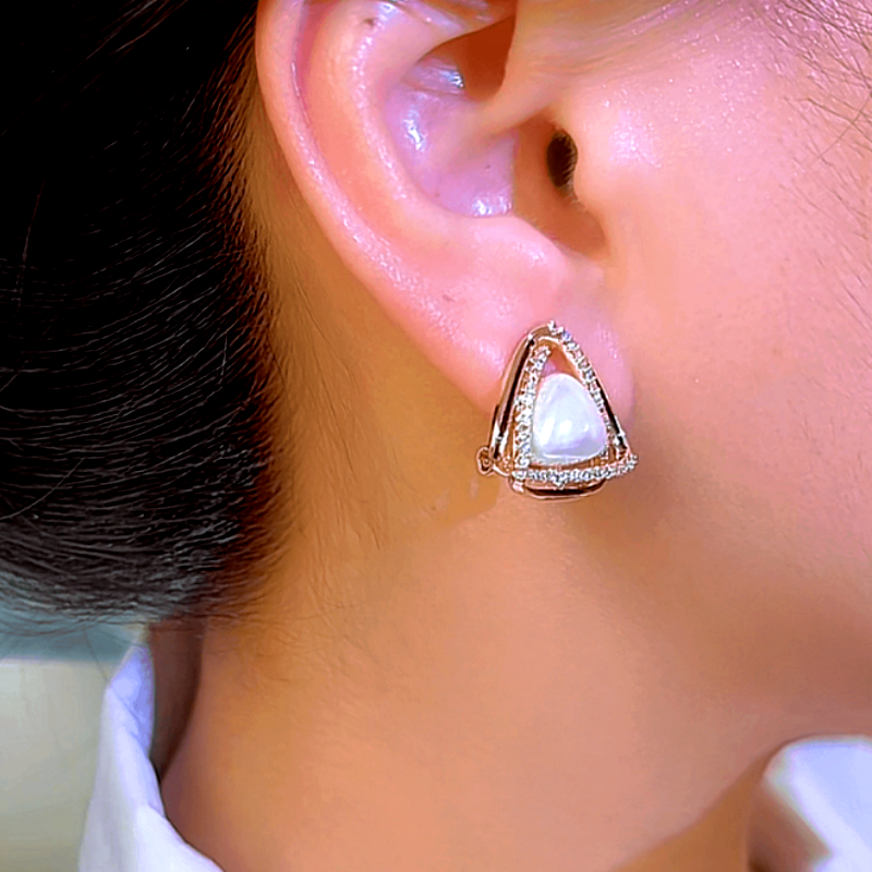 14K Gold-Plated Zircon Triangle Pearl Earrings