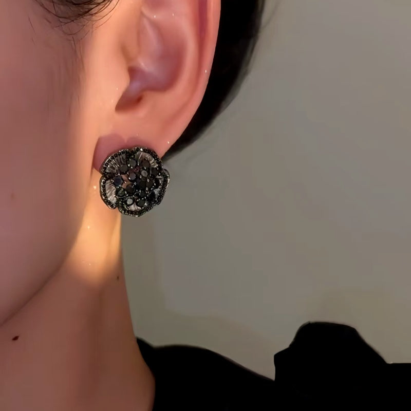14K Gold-Plated Zircon Vintage Black Flower Earrings