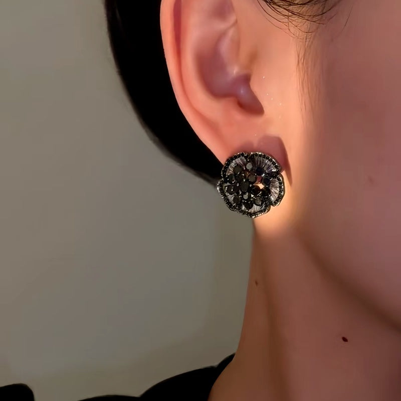 14K Gold-Plated Zircon Vintage Black Flower Earrings