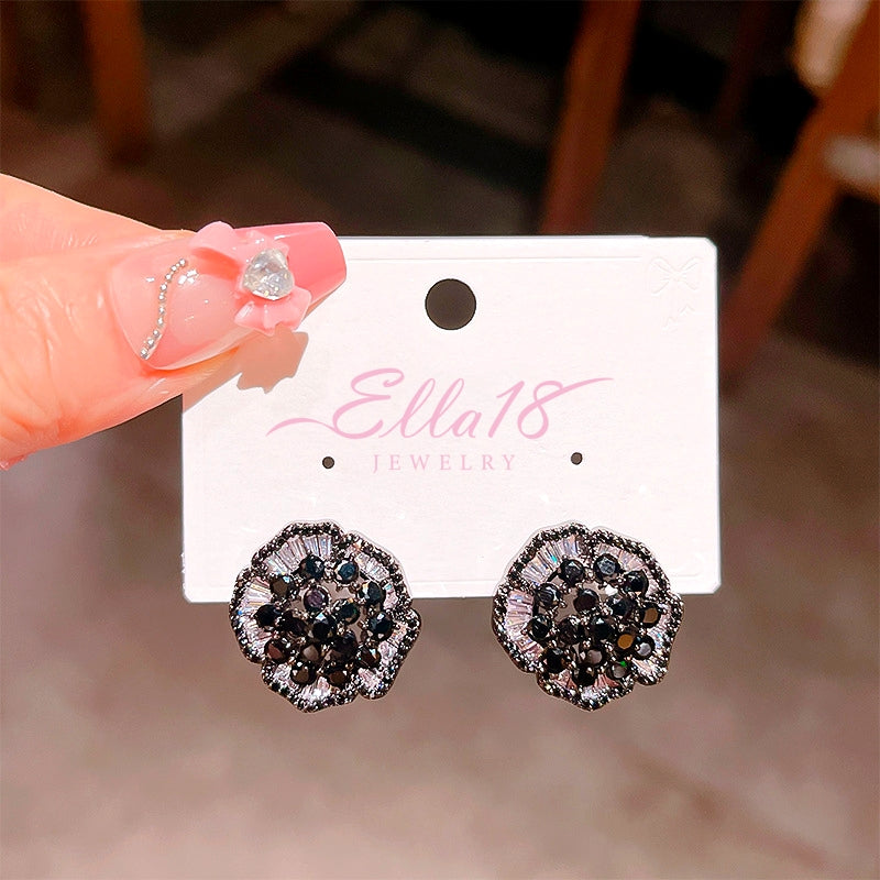 14K Gold-Plated Zircon Vintage Black Flower Earrings
