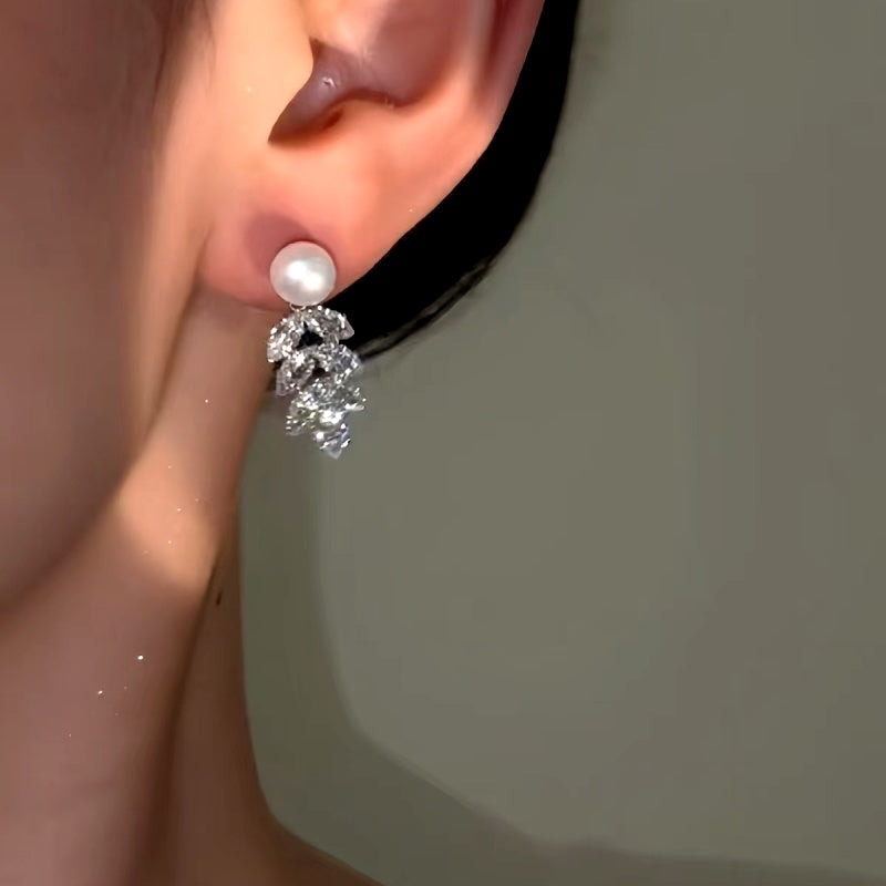14K Gold-Plated Zircon Wheat Tassel Pearl Earrings