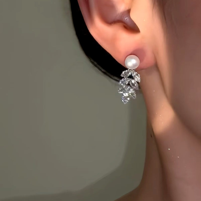 14K Gold-Plated Zircon Wheat Tassel Pearl Earrings