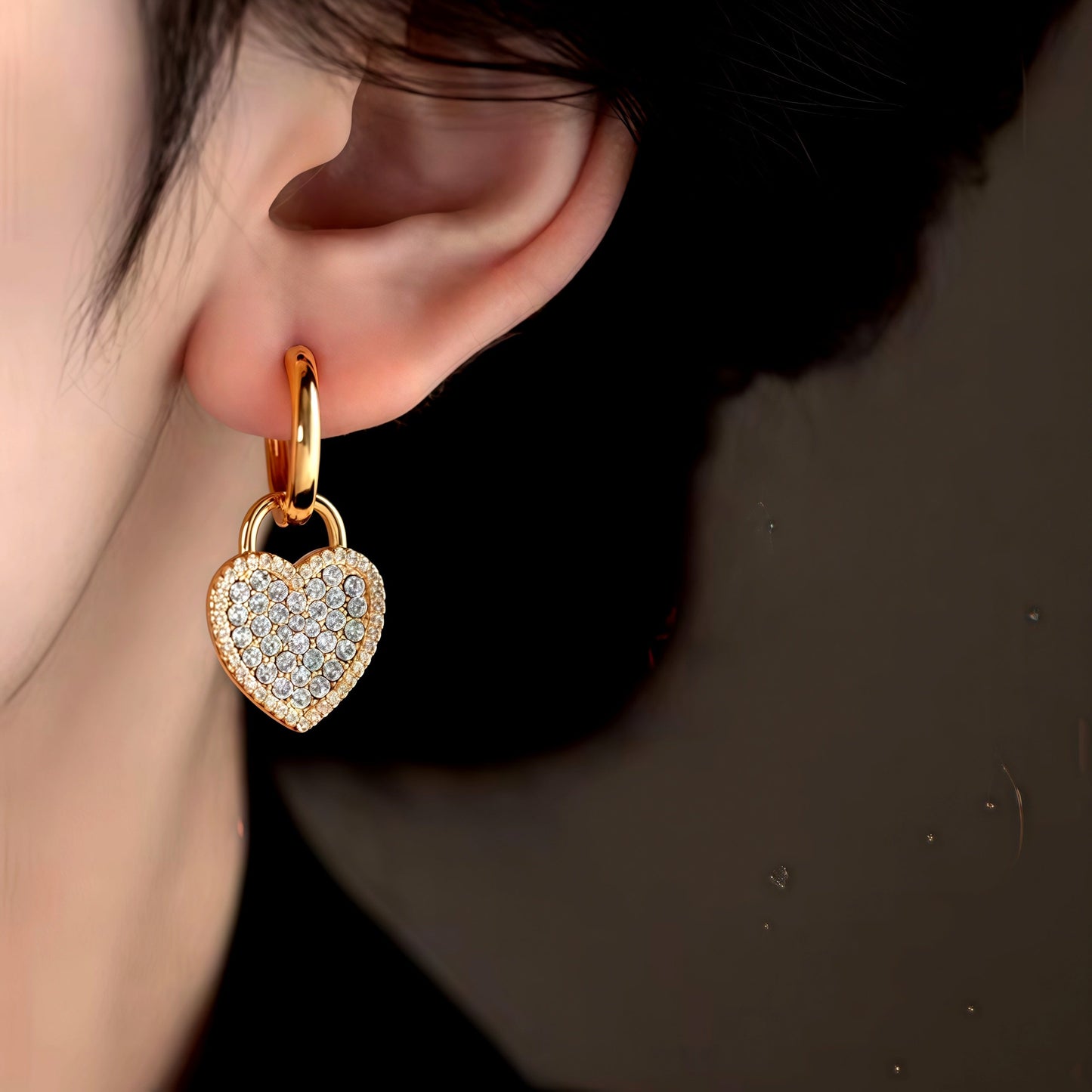 14K Gold-Plated Zircon Diamond Heart Earrings