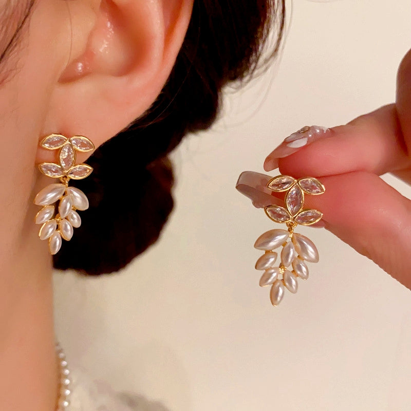 14K Gold-Plated Zircon letter Wheat Ear pearl Earrings